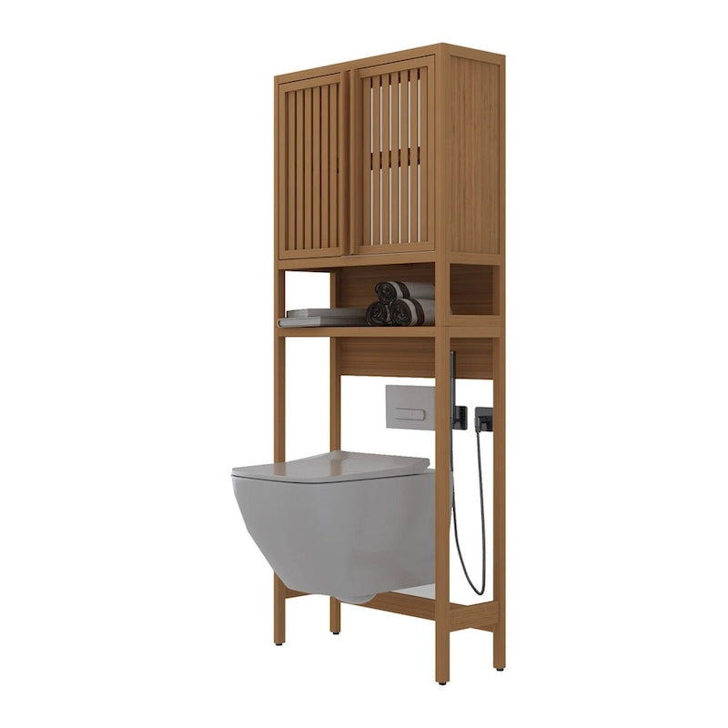 Étagère de rangement à placer au-dessus des toilettes, en bambou naturel, de 65 cm de haut, avec 2 portes.