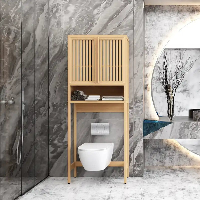 Étagère de rangement à placer au-dessus des toilettes, en bambou naturel, de 65 cm de haut, avec 2 portes.