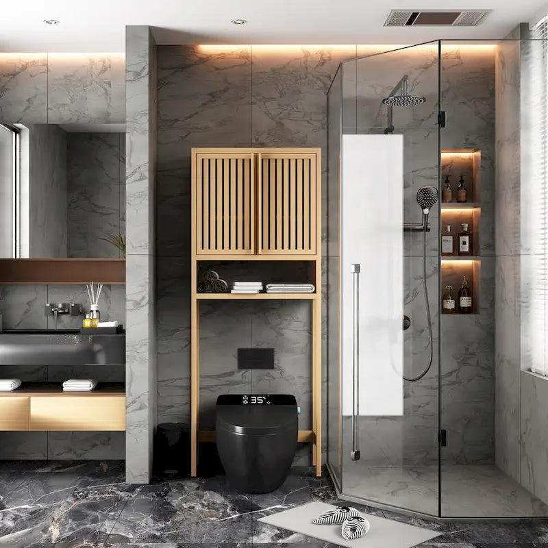 Étagère de rangement à placer au-dessus des toilettes, en bambou naturel, de 65 cm de haut, avec 2 portes.