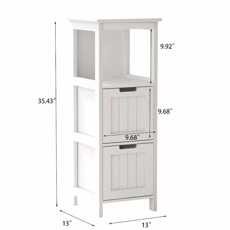 Meuble de rangement étroit de 13 po de largeur, meuble de salle de bain à 2 tiroirs avec étagère ouverte pour salle de bain, cuisine et chambre - Blanc