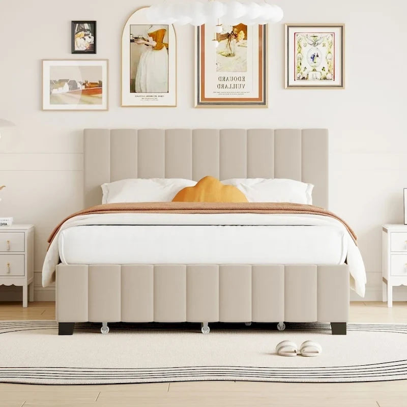 Lit plateforme rembourré en velours, format queen