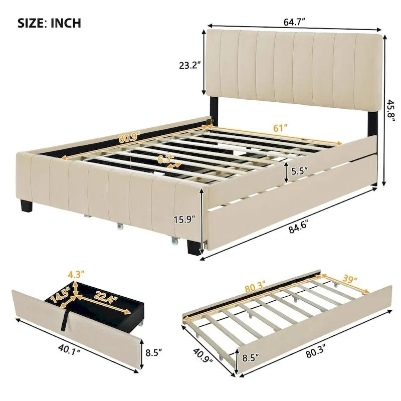 Lit plateforme rembourré en velours, format queen