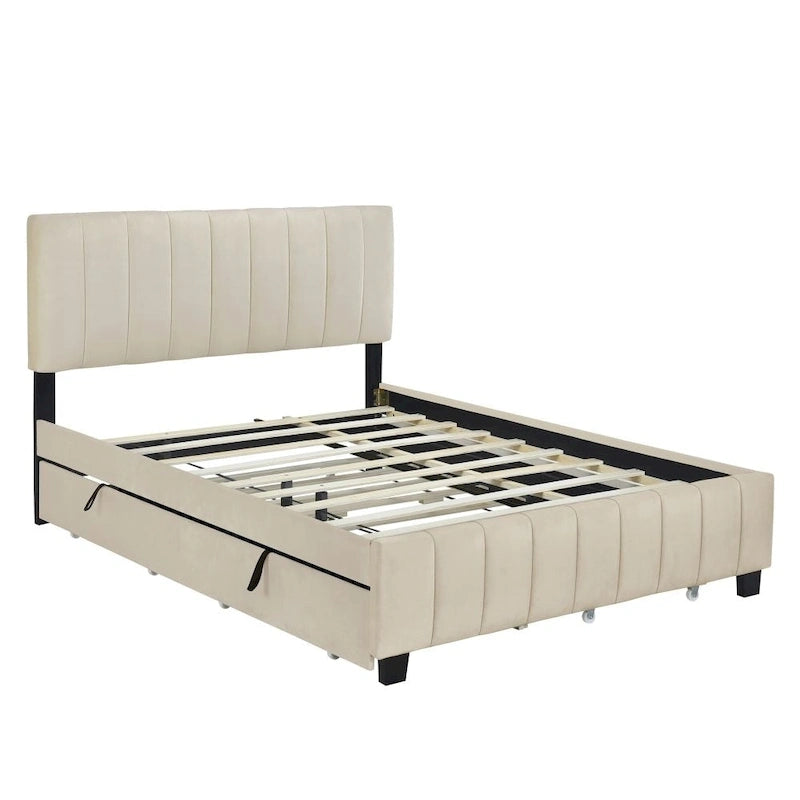 Lit plateforme rembourré en velours, format queen