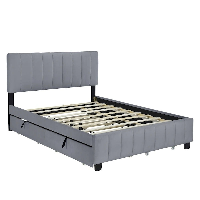 Lit plateforme rembourré en velours, format queen