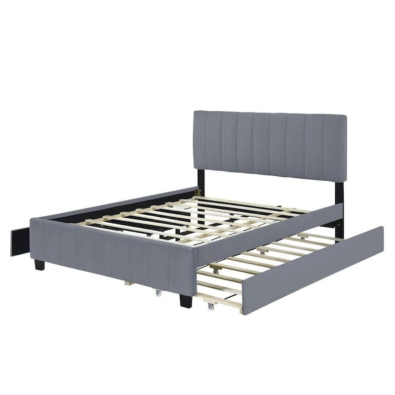 Lit plateforme rembourré en velours, format queen