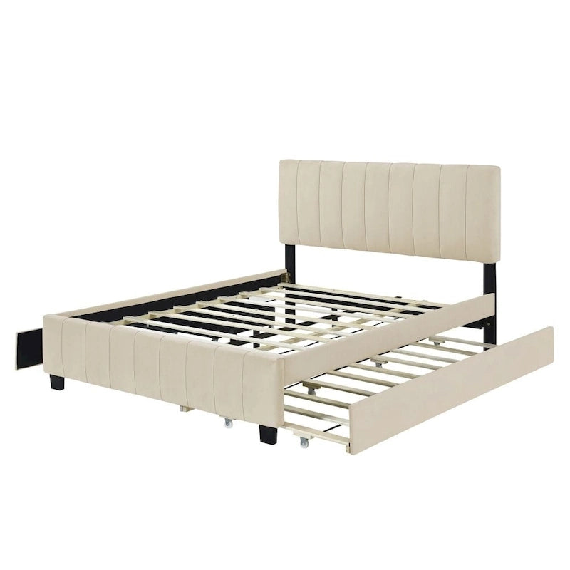 Lit plateforme rembourré en velours, format queen