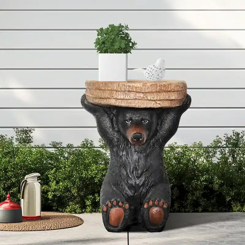 Table piédestal Forêt, Décoration rustique de chalet, 53 cm de hauteur, Table avec ours réaliste
