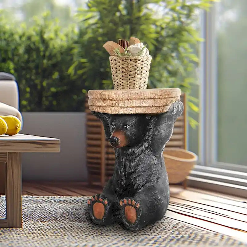 Table piédestal Forêt, Décoration rustique de chalet, 53 cm de hauteur, Table avec ours réaliste