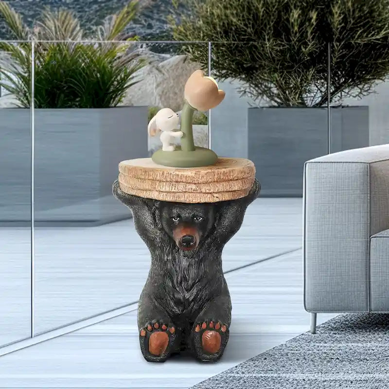 Table piédestal Forêt, Décoration rustique de chalet, 53 cm de hauteur, Table avec ours réaliste