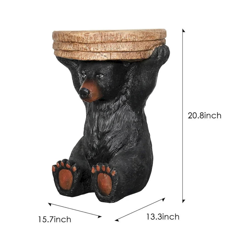 Table piédestal Forêt, Décoration rustique de chalet, 53 cm de hauteur, Table avec ours réaliste