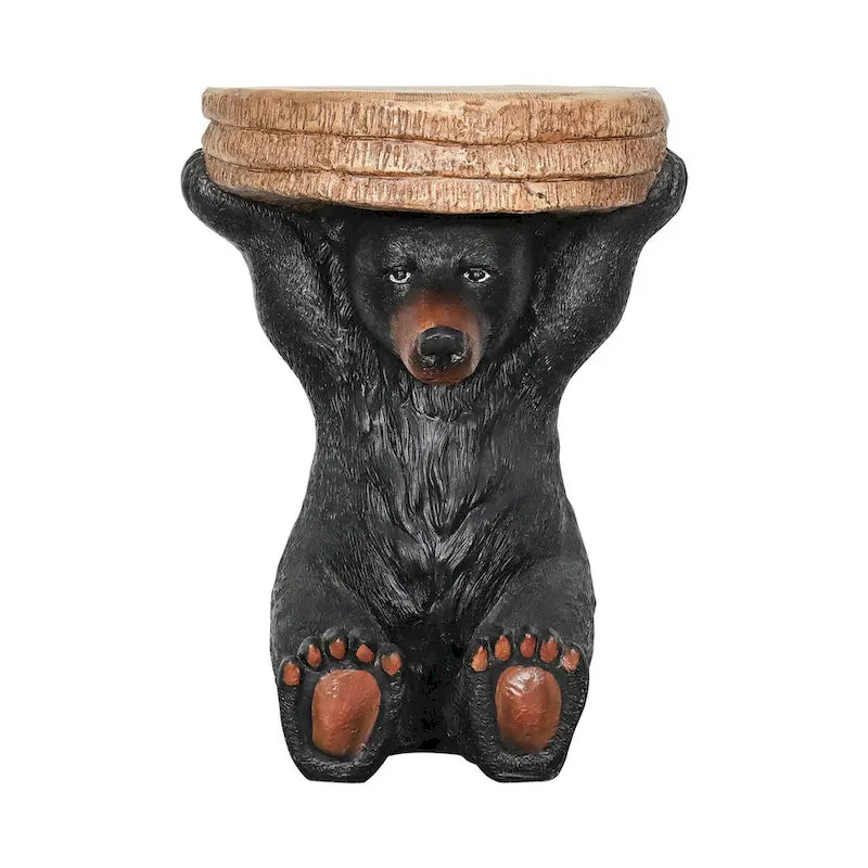 Table piédestal Forêt, Décoration rustique de chalet, 53 cm de hauteur, Table avec ours réaliste