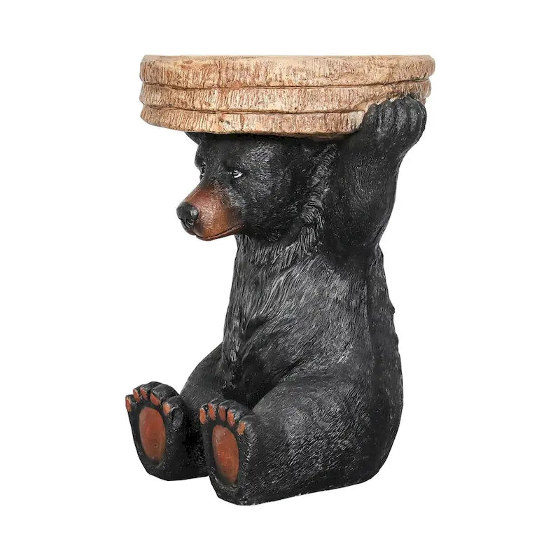 Table piédestal Forêt, Décoration rustique de chalet, 53 cm de hauteur, Table avec ours réaliste