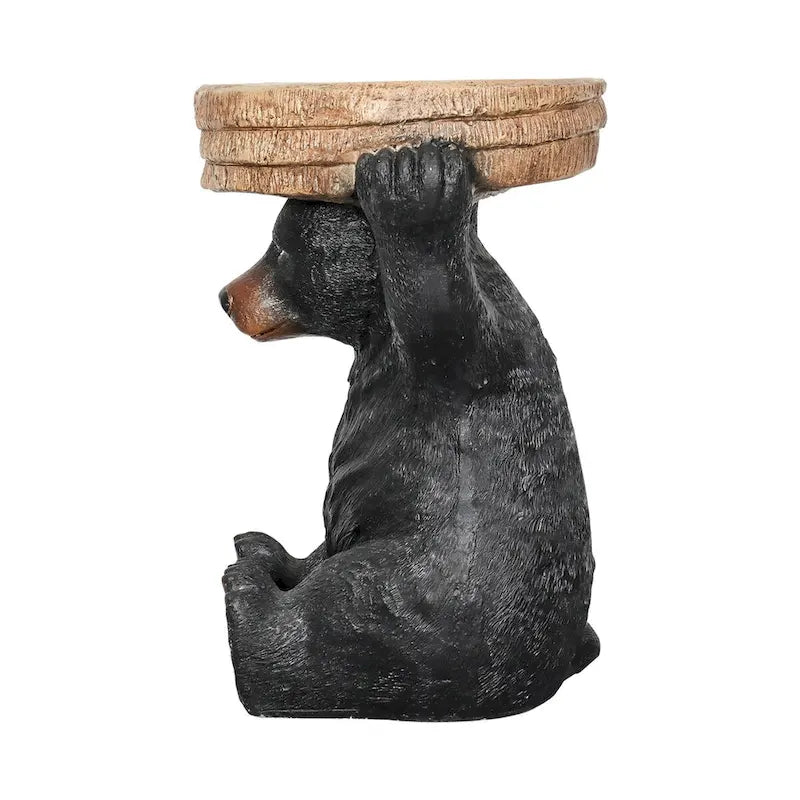 Table piédestal Forêt, Décoration rustique de chalet, 53 cm de hauteur, Table avec ours réaliste