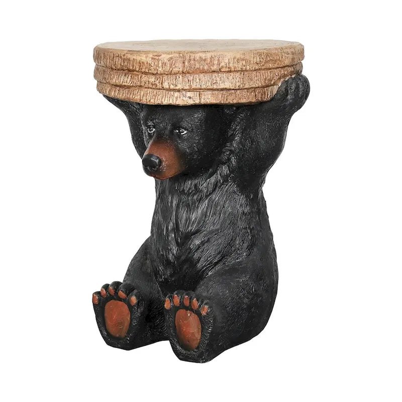 Table piédestal Forêt, Décoration rustique de chalet, 53 cm de hauteur, Table avec ours réaliste