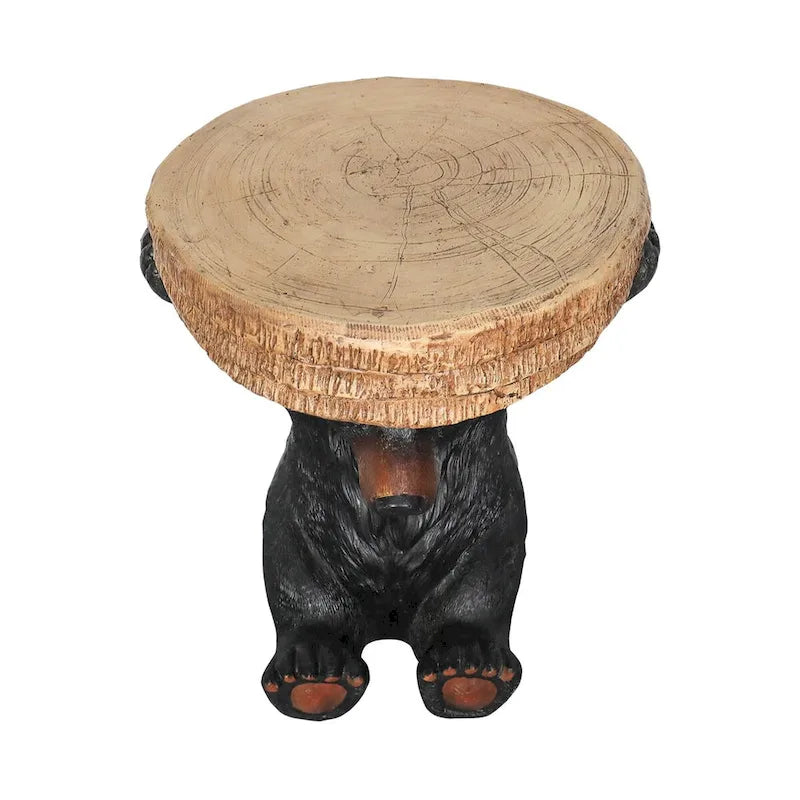 Table piédestal Forêt, Décoration rustique de chalet, 53 cm de hauteur, Table avec ours réaliste