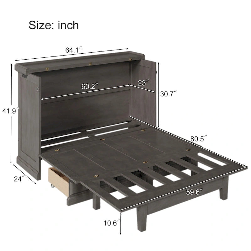 Lit escamotable en pin massif avec commode intégrée, station de recharge et grand tiroir de rangement, idéal pour un bureau à domicile ou une petite chambre, format Queen.