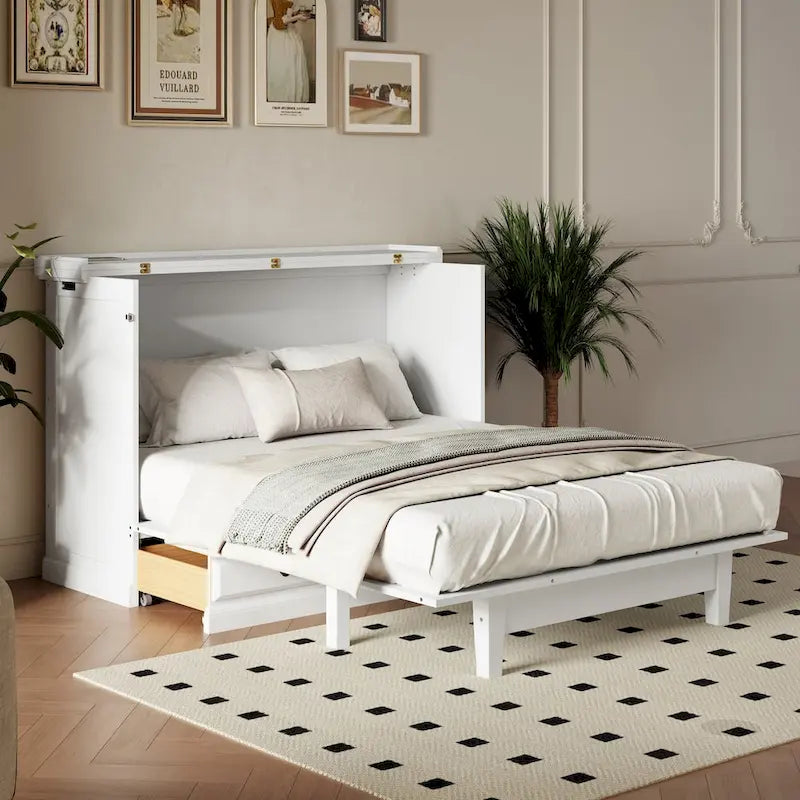 Lit escamotable en pin massif avec commode intégrée, station de recharge et grand tiroir de rangement, idéal pour un bureau à domicile ou une petite chambre, format Queen.