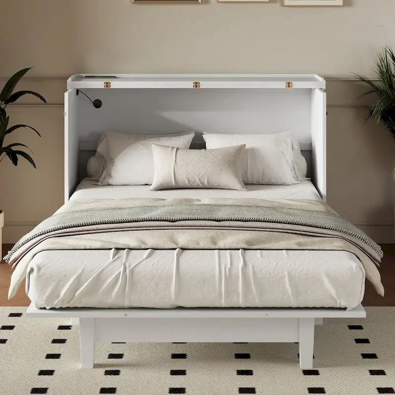 Lit escamotable en pin massif avec commode intégrée, station de recharge et grand tiroir de rangement, idéal pour un bureau à domicile ou une petite chambre, format Queen.
