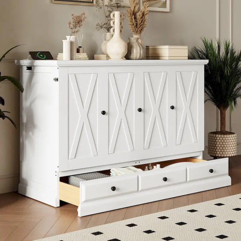 Lit escamotable en pin massif avec commode intégrée, station de recharge et grand tiroir de rangement, idéal pour un bureau à domicile ou une petite chambre, format Queen.