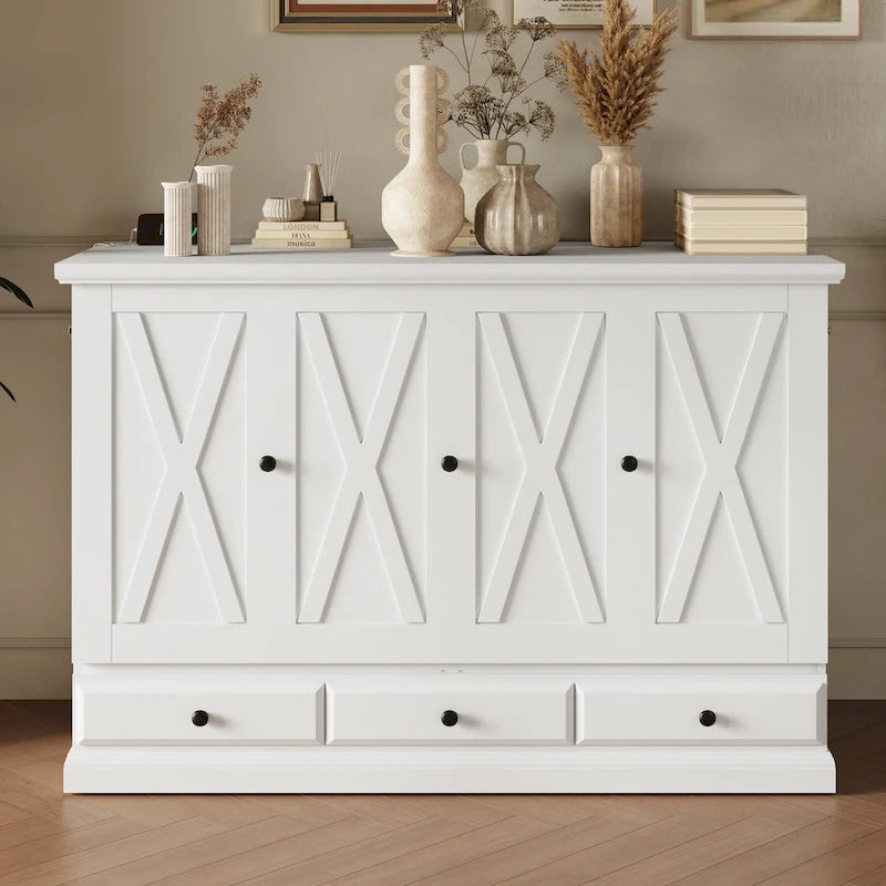 Lit escamotable en pin massif avec commode intégrée, station de recharge et grand tiroir de rangement, idéal pour un bureau à domicile ou une petite chambre, format Queen.