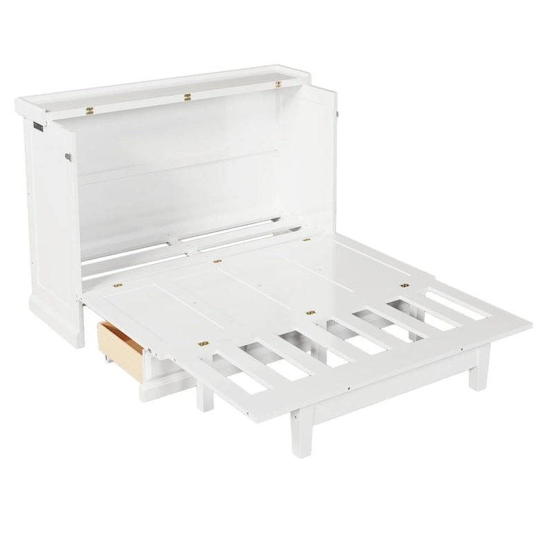 Lit escamotable en pin massif avec commode intégrée, station de recharge et grand tiroir de rangement, idéal pour un bureau à domicile ou une petite chambre, format Queen.
