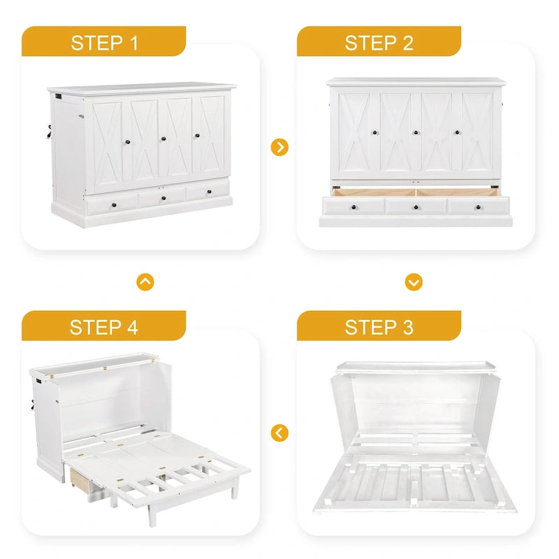 Lit escamotable en pin massif avec commode intégrée, station de recharge et grand tiroir de rangement, idéal pour un bureau à domicile ou une petite chambre, format Queen.
