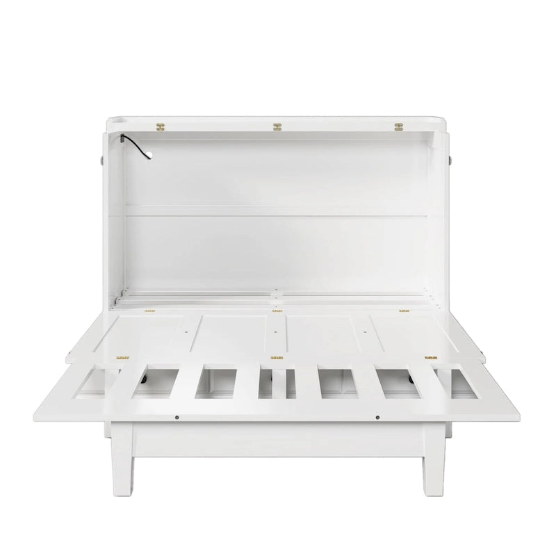 Lit escamotable en pin massif avec commode intégrée, station de recharge et grand tiroir de rangement, idéal pour un bureau à domicile ou une petite chambre, format Queen.