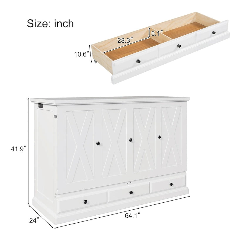 Lit escamotable en pin massif avec commode intégrée, station de recharge et grand tiroir de rangement, idéal pour un bureau à domicile ou une petite chambre, format Queen.