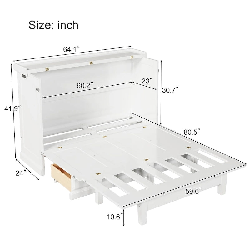 Lit escamotable en pin massif avec commode intégrée, station de recharge et grand tiroir de rangement, idéal pour un bureau à domicile ou une petite chambre, format Queen.