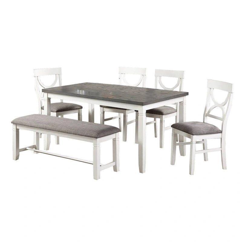 6 Piece Dining Set with Cut Out Back Chairs and Padded Bench, White and Gray
