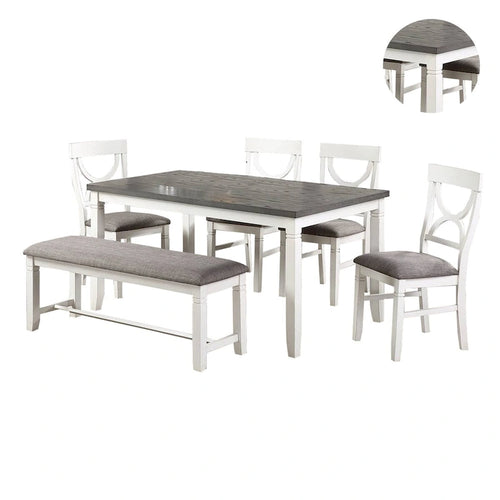 Ensemble de salle à manger 6 pièces avec chaises à dossier ajouré et banc rembourré, blanc et gris