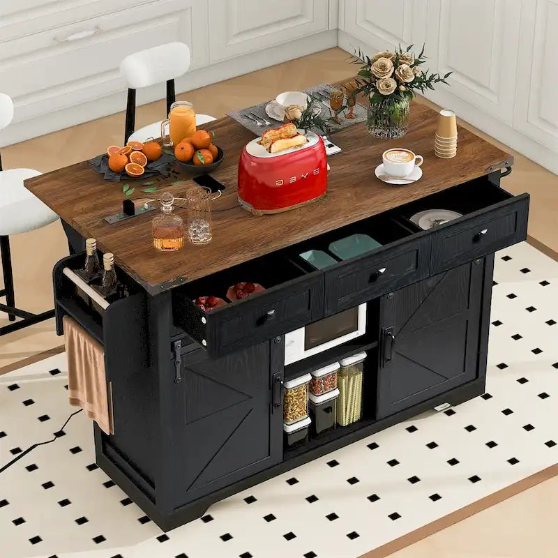 Îlot de cuisine de style campagnard de 53,7 pouces avec prise électrique