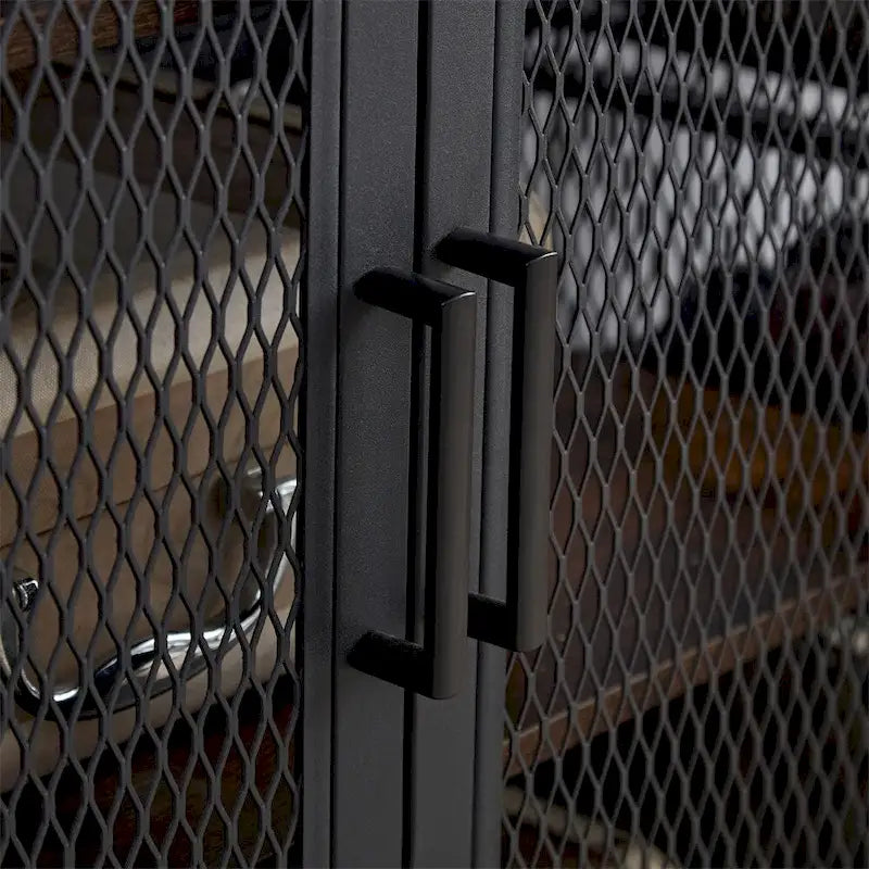 Buffet à 3 niveaux avec bande LED, porte-verres et prise électrique.