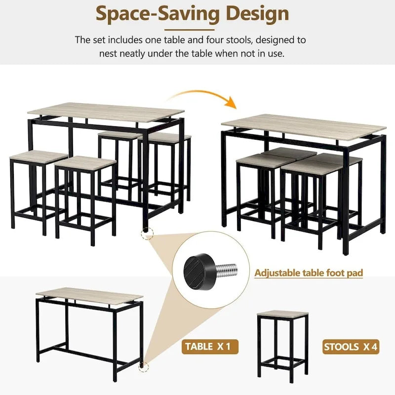 Ensemble de table de bar compacte moderne en chêne 5 pièces