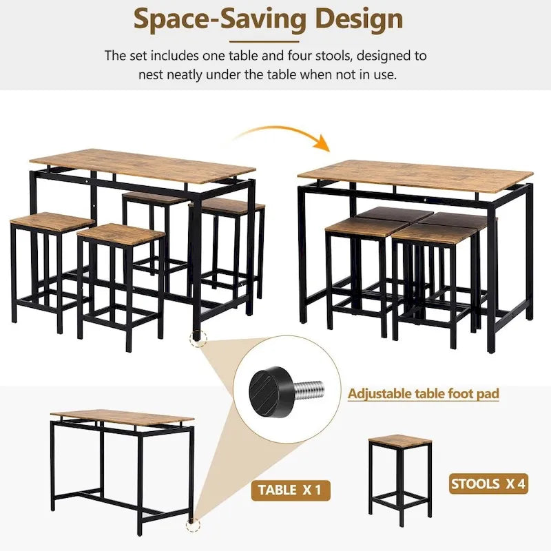 Ensemble de table de bar compacte moderne en chêne 5 pièces