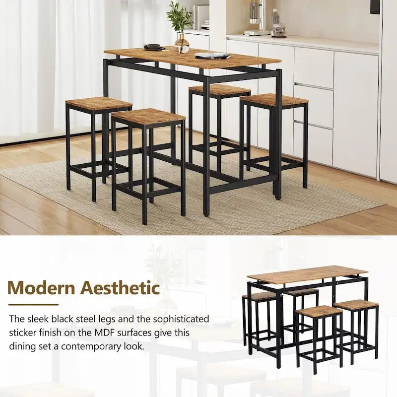 Ensemble de table de bar compacte moderne en chêne 5 pièces