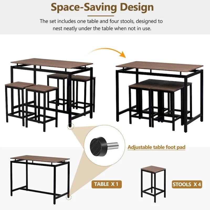 Ensemble de table de bar compacte moderne en chêne 5 pièces