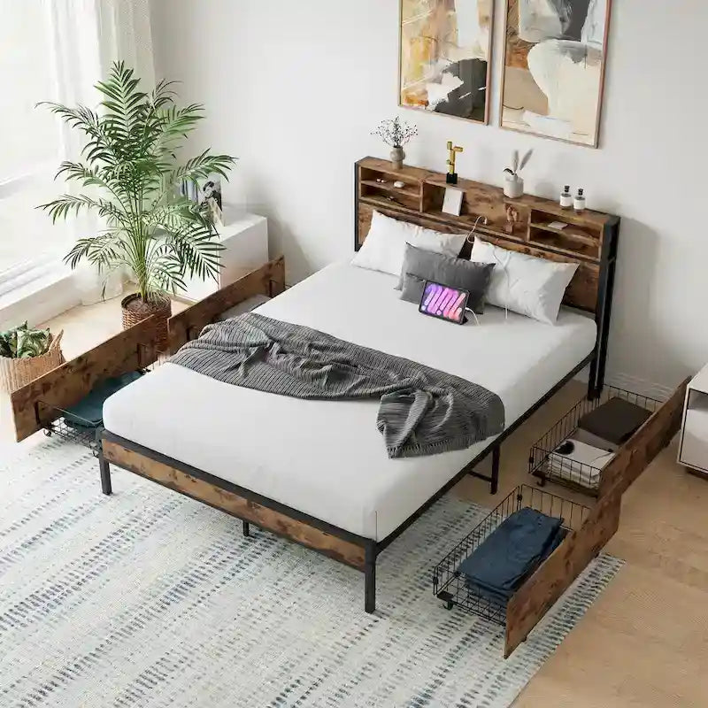 Cadre de lit Queen avec tête de lit de rangement et 4 tiroirs, lit plateforme en métal avec station de recharge