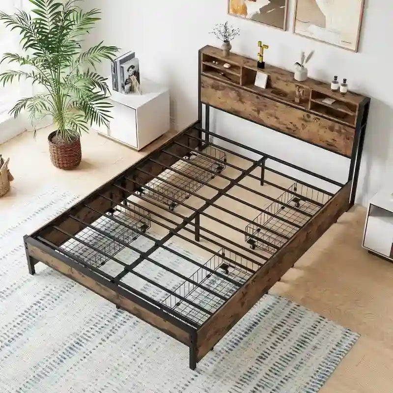 Cadre de lit Queen avec tête de lit de rangement et 4 tiroirs, lit plateforme en métal avec station de recharge