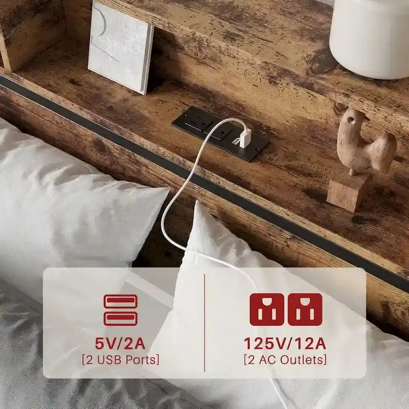 Cadre de lit Queen avec tête de lit de rangement et 4 tiroirs, lit plateforme en métal avec station de recharge