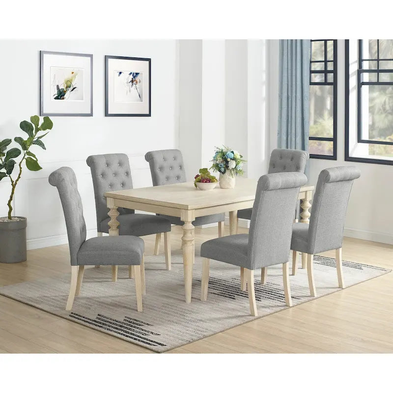 Ensemble de salle à manger 7 pièces, table à manger à pieds tournés avec 6 chaises capitonnées