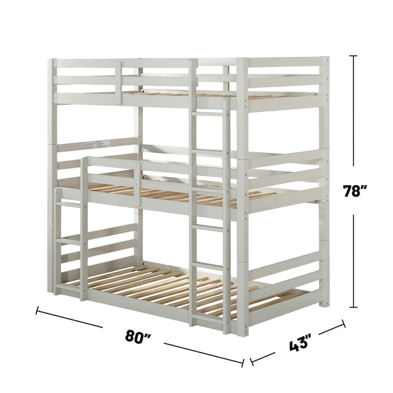 Lit superposé triple en bois, format simple, finition gris clair