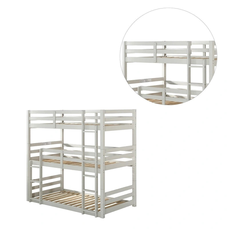 Lit superposé triple en bois, format simple, finition gris clair