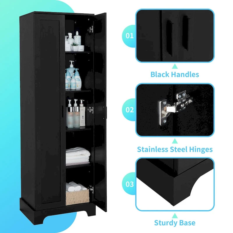 Armoire de rangement à deux portes pour salle de bain ou bureau, étagère réglable, panneau MDF, noir