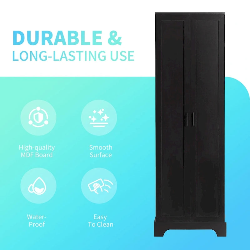 Armoire de rangement à deux portes pour salle de bain ou bureau, étagère réglable, panneau MDF, noir