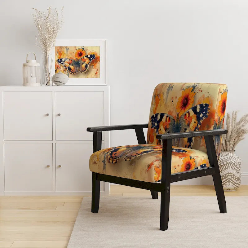 Fauteuil d'appoint rembourré à motif floral aquarelle Designart Orange Butterfly - Fauteuil traditionnel pour salon
