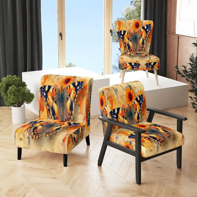Designart Orange Buttlerfly In Watercolor Upholstered Floral Accent Chair - Traditional Arm Chair For Living Room