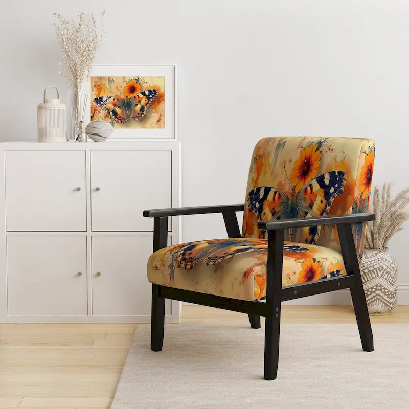 Fauteuil d'appoint rembourré à motif floral aquarelle Designart Orange Butterfly - Fauteuil traditionnel pour salon