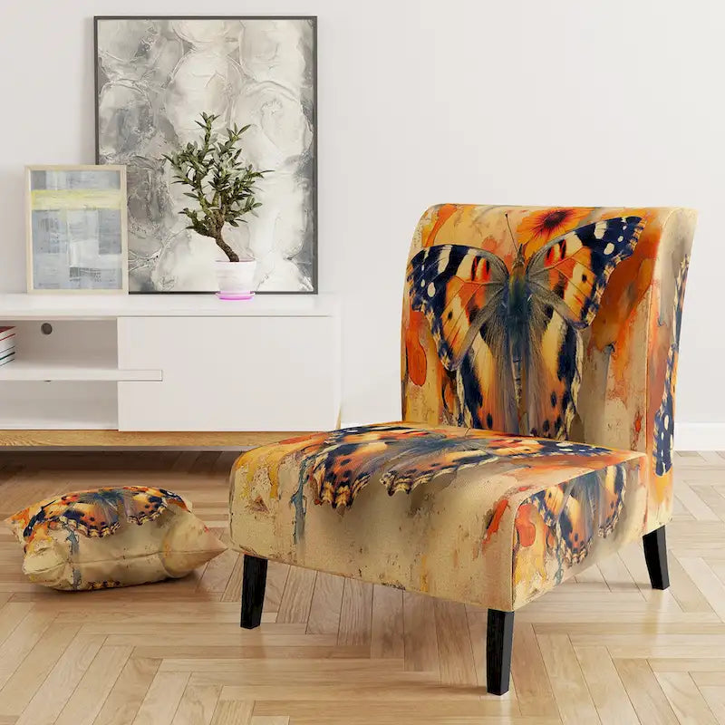 Fauteuil d'appoint rembourré à motif floral aquarelle Designart Orange Butterfly - Fauteuil traditionnel pour salon