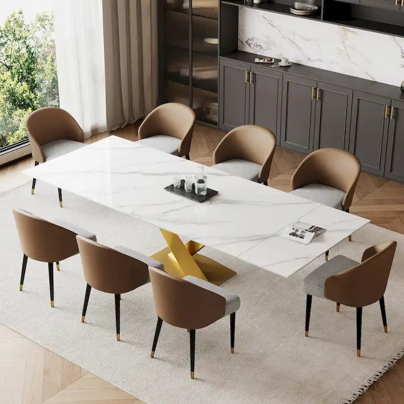Ensemble de salle à manger 9 pièces comprenant une table rectangulaire extensible en pierre frittée (94,48 cm) et 8 chaises en similicuir.